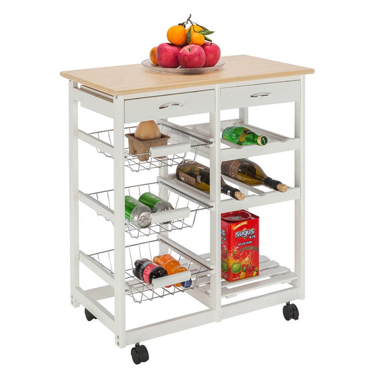 Zimtown Kitchen Trolley Cart Rolling Wood Dining Storage Drawers Stand Durable white