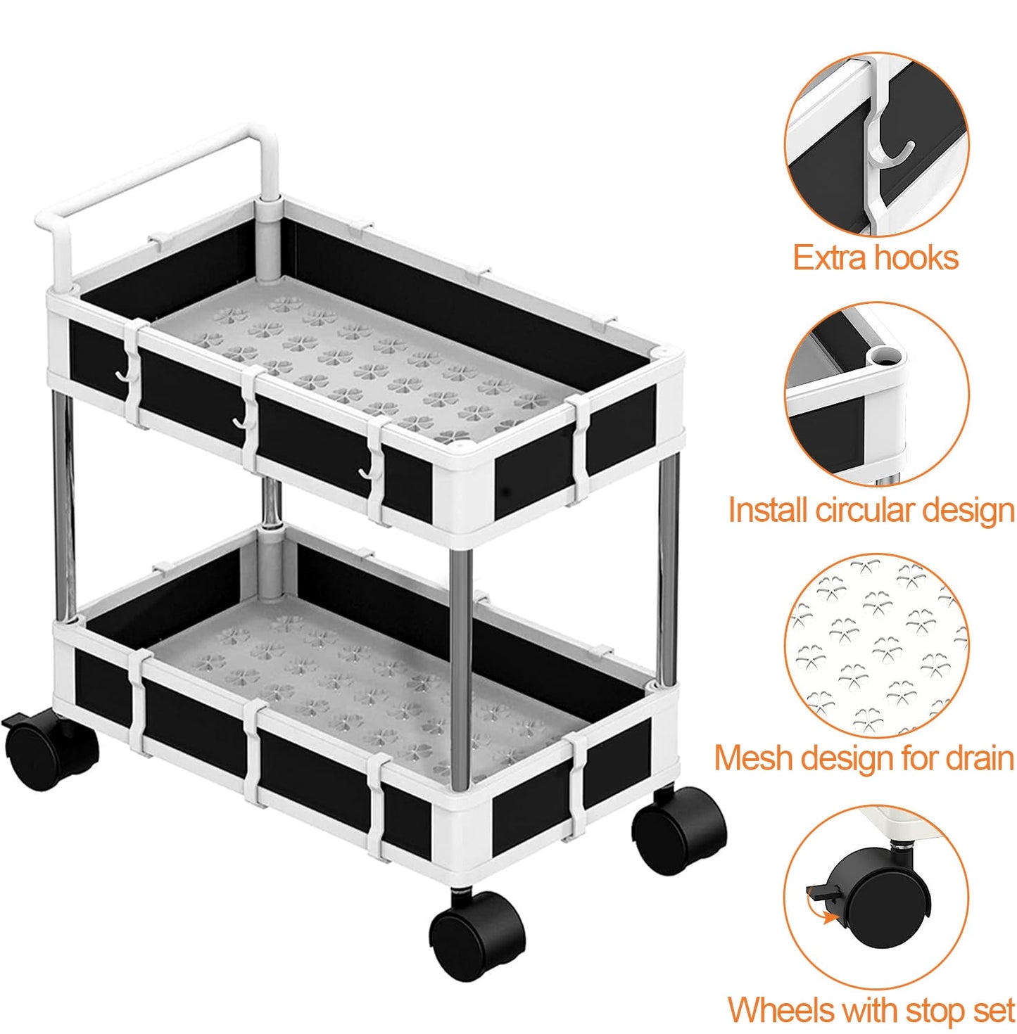 2 Tier Rolling Storage Cart Kitchen or Bathroom Organizer with Wheels & Handle Adjustable Small Rolling Cart Cabinet Organizer Under Table Storage Under Desk Organizer Large Capacity